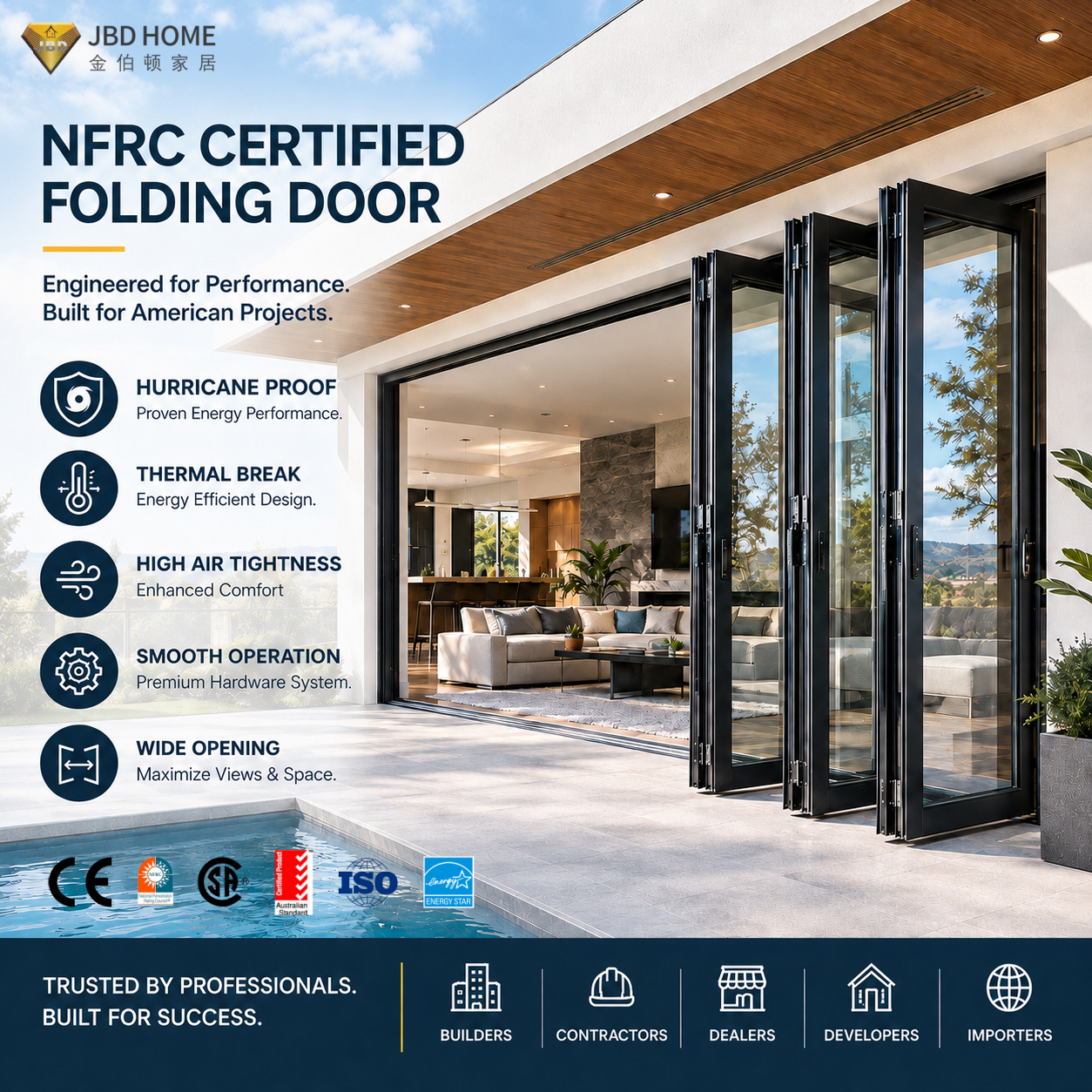 NFRC Thermal Break Aluminum Folding Door Aluminum Large Folding Patio Doors Exterior with Retractable Insect Screen