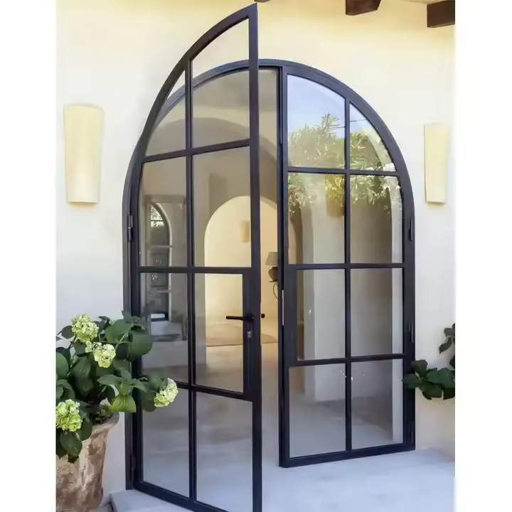 Modern Slim Frame Aluminum Alloy Glass Entry Door With French Swing Design For Villa Decoration Glass French Grille Arched Top