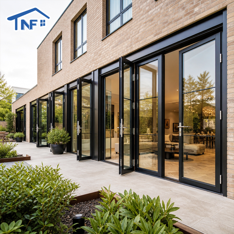Simple Design Customized Hinged Door Double Tempered Glass Swing French Casement Doors Grills Wood Clad Aluminum Thermal