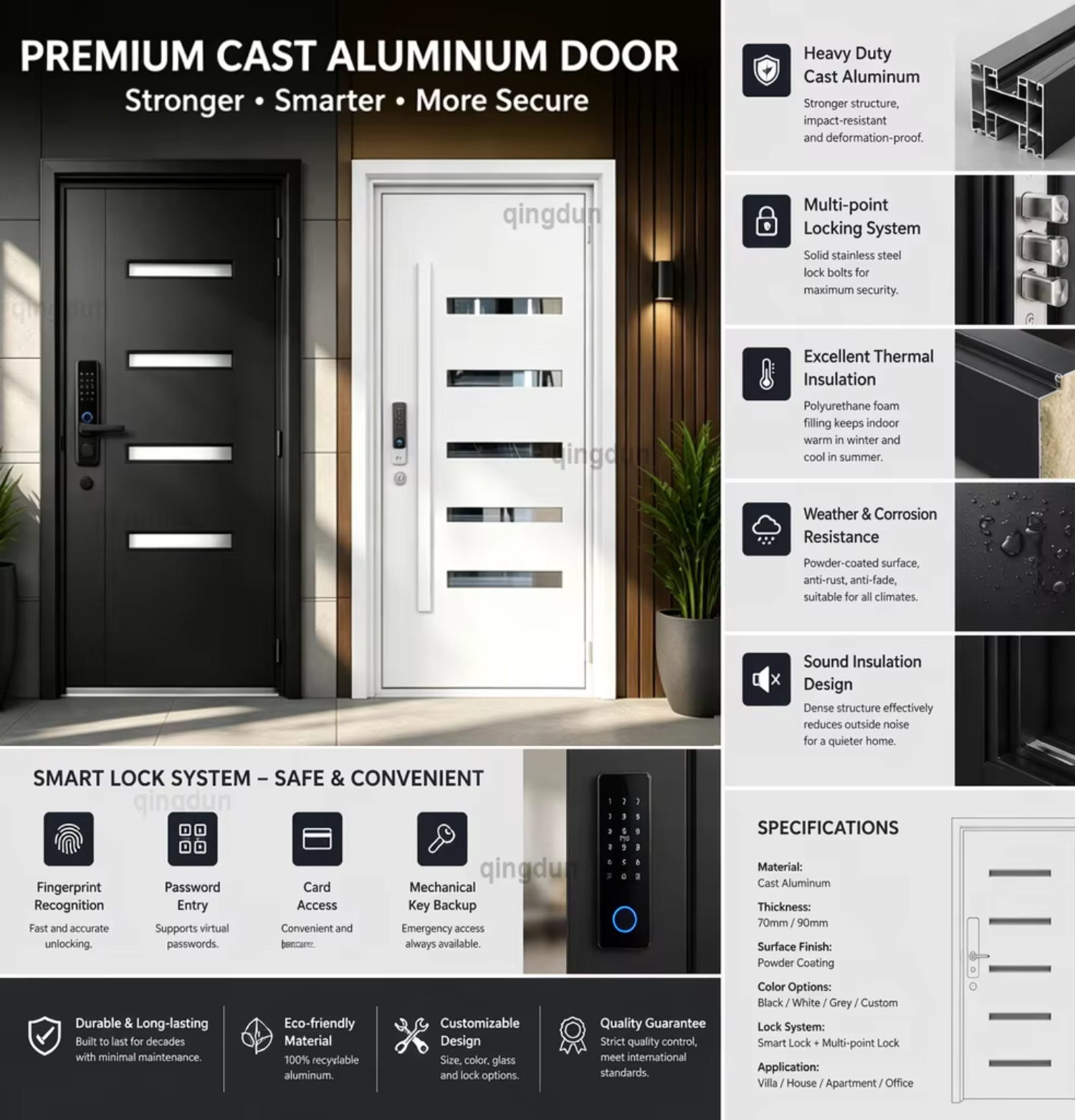 Modern Aluminum Door with Glass Inserts, Anti-Theft Security Exterior Door for Villa, Matte Grey Finish