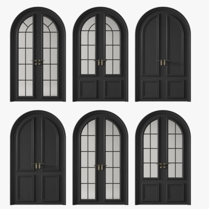 ALUFRONT Insulated Arched Antique Heritage Black Aluminium French Front Doors with Grid Strip Glass for Outdoor Entry