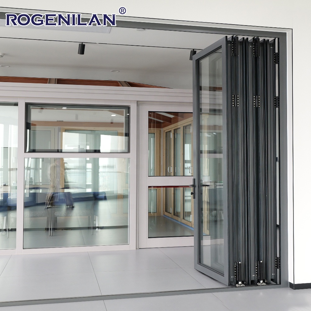 Rogenilan Modern Energy-Efficient Aluminium Glass Accordion Folding Door Double Tempered Glazed Bifold Door for Patio