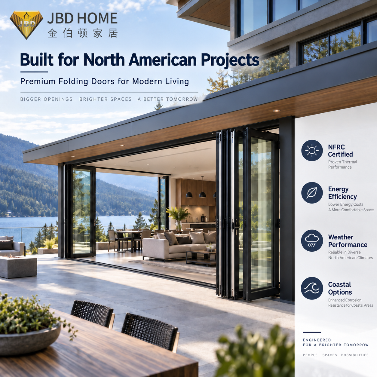 Custom Size Heavy Duty Modern Bi Fold Outdoor Patio Doors Aluminium Exterior Folding Glass Door Thermal Break Soundproof for