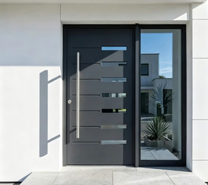 Modern Aluminum Door With Glass Inserts, Anti-Theft Security Exterior Door For Villa, Matte Grey Finish