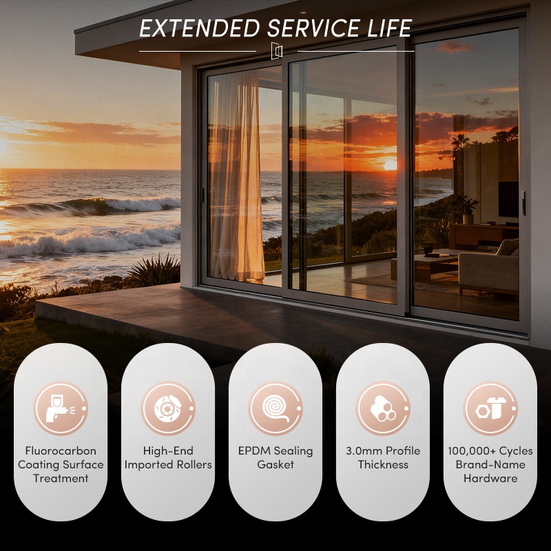 OUNA NFRC Moden Slim Frame Black Aluminum Double Glazed Tempered Glass Patio Sliding Door Hurricane Impact Sliding Patio Doors