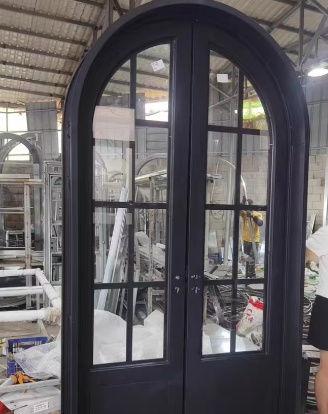 Customized Arched Aluminum Framed Swing Clear Glass Door Windproof Crittall Style Entrance Metal French Doors