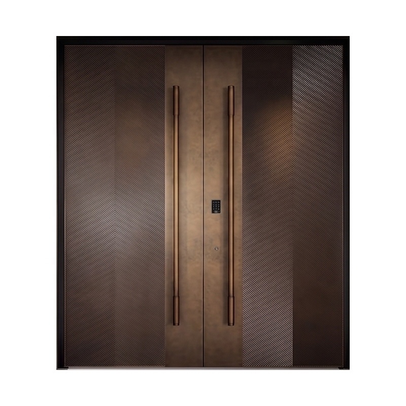 Aluminum Front Entry Door Brown Bronze Textured Modern Double Door with Fingerprint Smart Lock for Villa Entrance