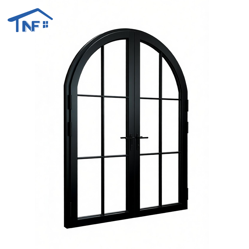 Arched Aluminum Frame Iron Design Entry Double Tempered Glass Exterior French Door Grill with Digital Lock