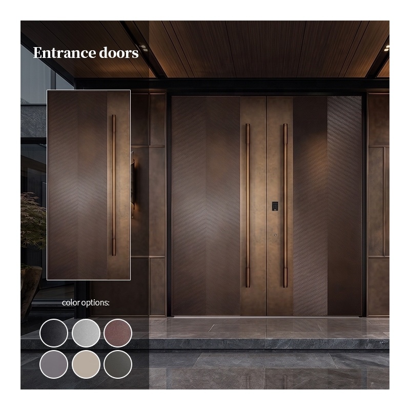 Aluminum Front Entry Door Brown Bronze Textured Modern Double Door with Fingerprint Smart Lock for Villa Entrance