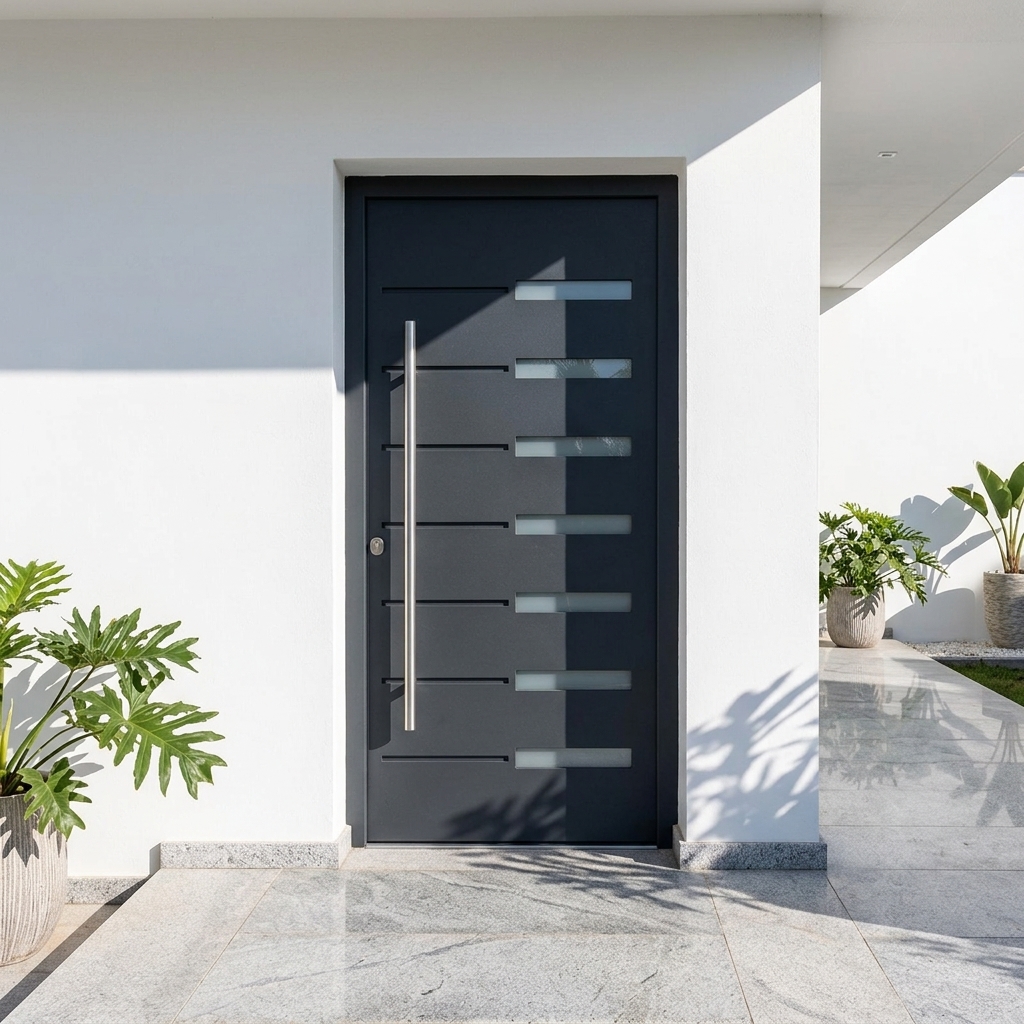 Modern Aluminum Door With Glass Inserts, Anti-Theft Security Exterior Door For Villa, Matte Grey Finish
