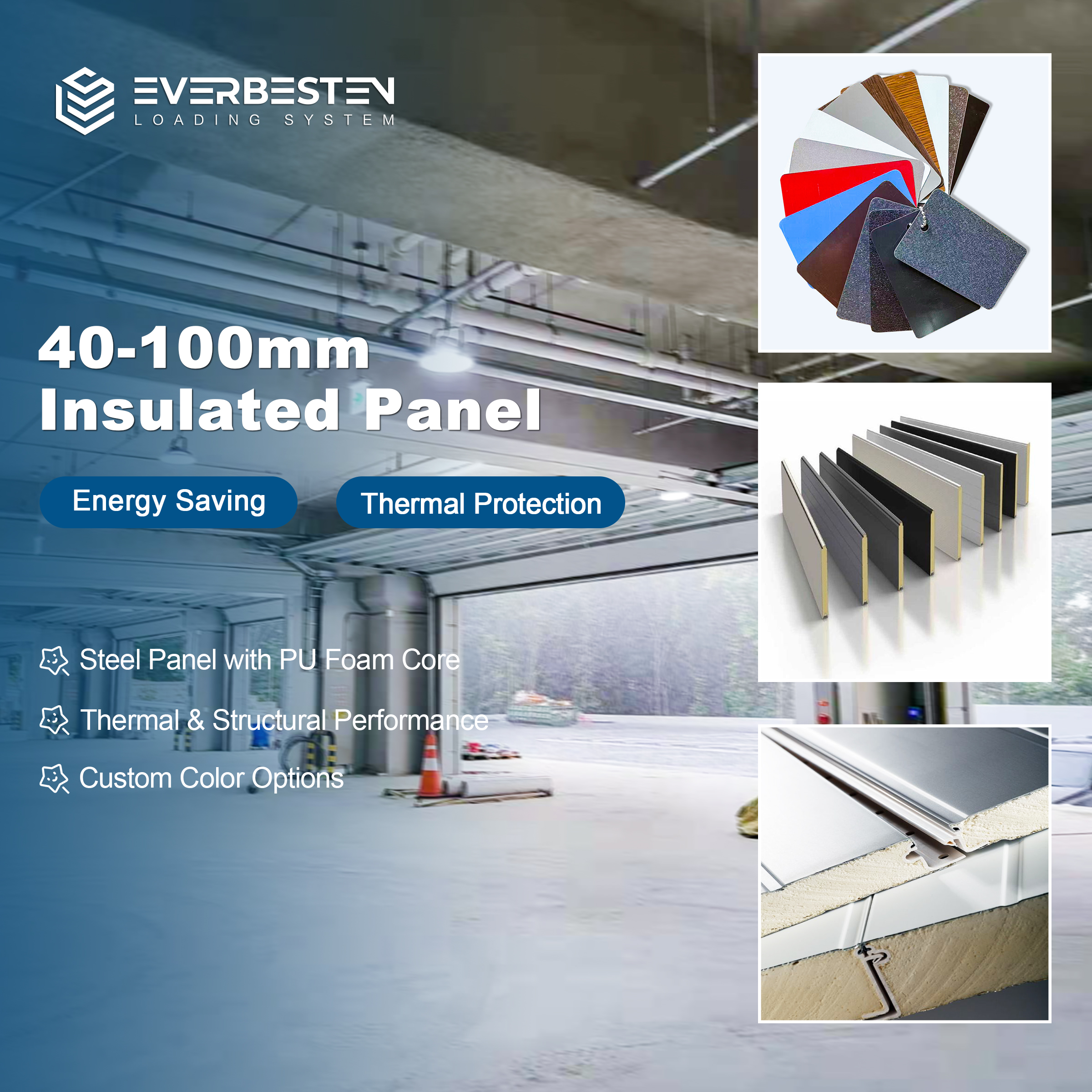Everbesten Heavy Duty Steel Industrial Sectional Door Sandwich Panel Overhead Sectional Door for Logistics Center Warehouse