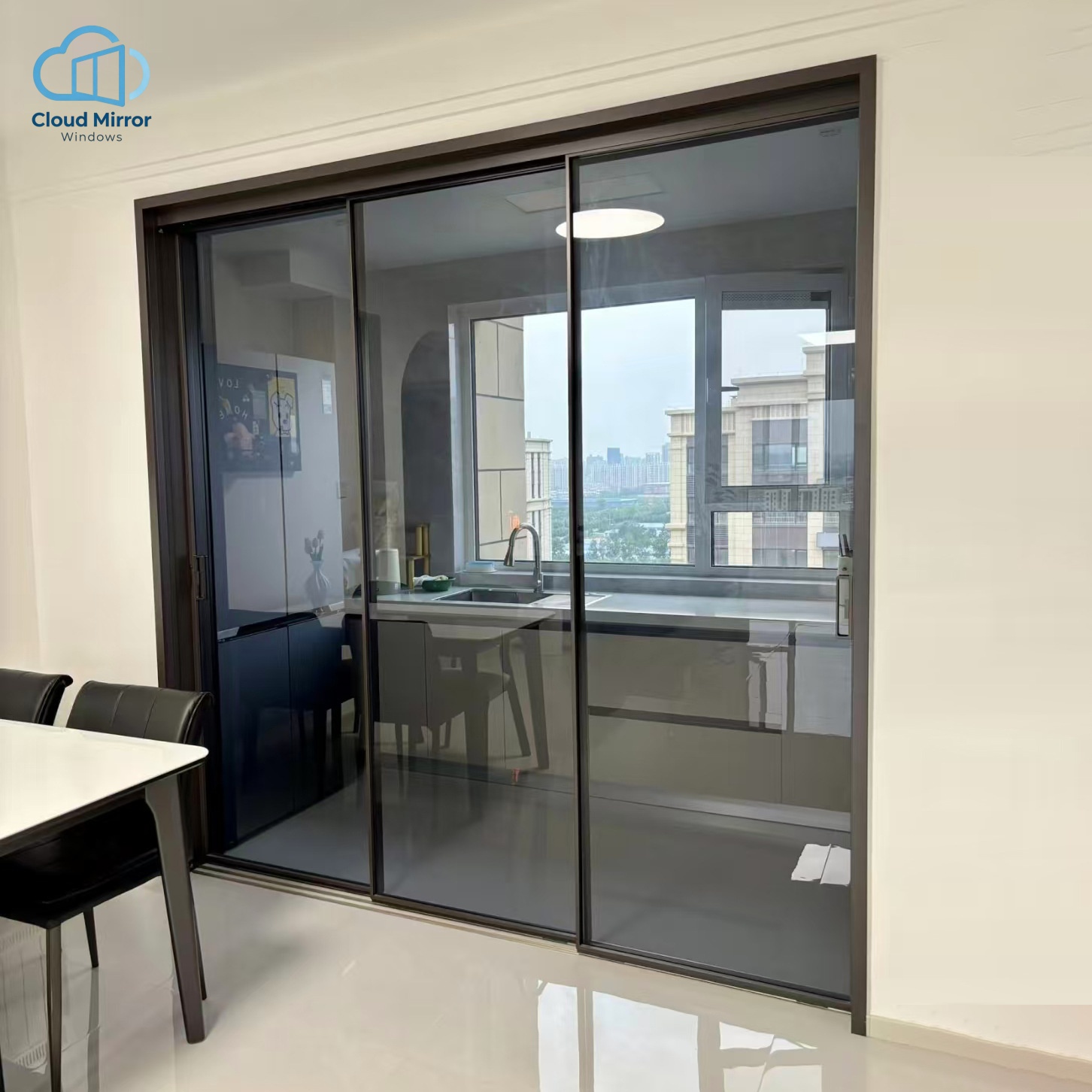 Three-Panel Ultra Slim Aluminium Interior Folding Doors Tinted Grey Tempered Glass Modern Water Resistant Apartment Large