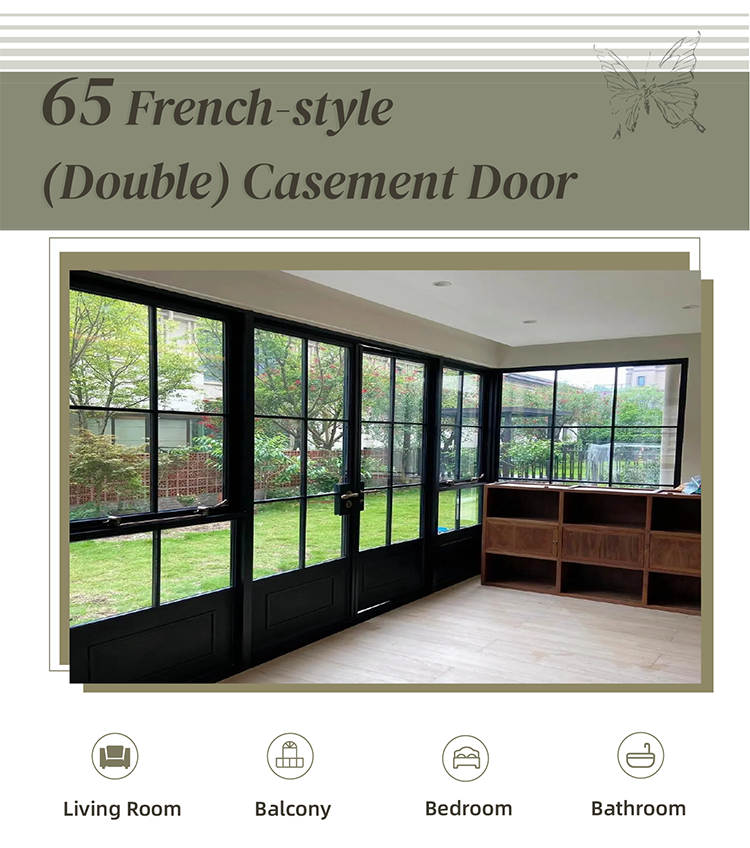 Thermal Break Black Aluminum French Casement Door Tempered Glass Grille Fiberglass Screen Interior Exterior Entry Door