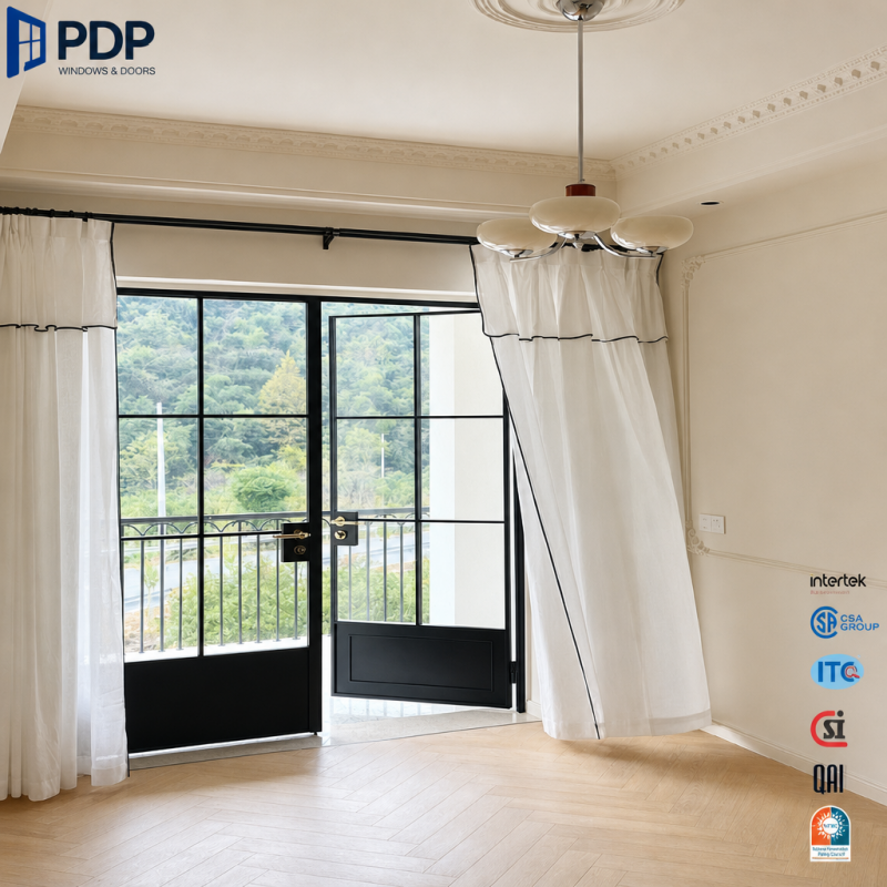 PDP Aluminum French Double Casement Door Double Tempered Glass Grille Interior/Exterior Use Waterproof Fiberglass Screen Netting