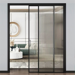 Factory Custom Three Linkage Sliding Door Aluminum Alloy Reeded Tempered Glass Indoor Partition Door For Kitchen Balcony Villa