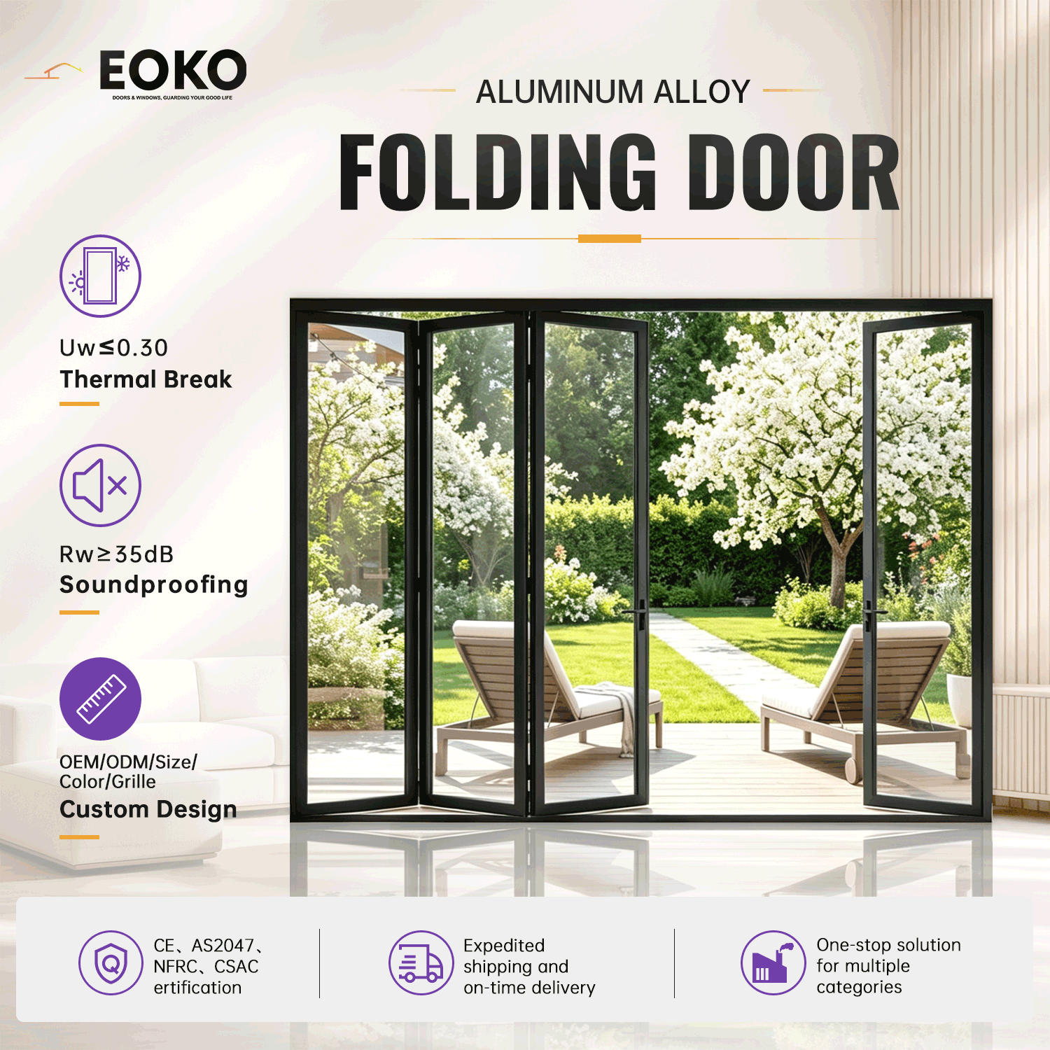 EOKO Miami-Dade NOA Approved Aluminum Bi-Fold Door Bi-Parting Stacking Full Wide Open for Wellness Juice Bar Storm Door Supplier