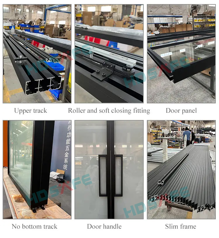 Modern Glass Sliding Doors with Aluminum Frame Interior Door No Bottom Track Soft Closing for Office Apartment Hotel Villa