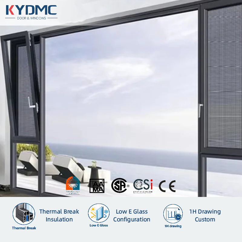 Black Frame Aluminium Window Customized Size Double Glass Swing Windows with Screen for Kitchen Bathroom Villa