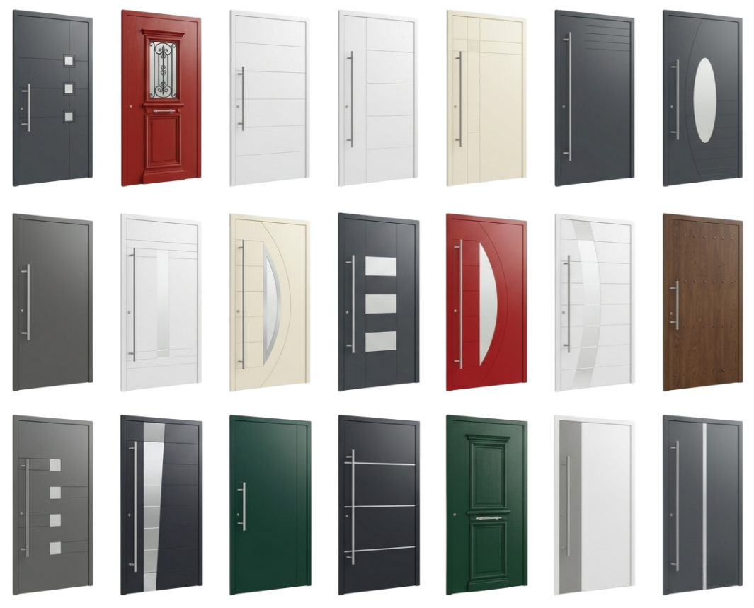 Modern Aluminum Door with Glass Inserts, Anti-Theft Security Exterior Door for Villa, Matte Grey Finish