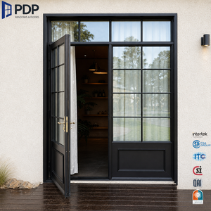 PDP Aluminum French Double Casement Door Double Tempered Glass Grille Interior/Exterior Use Waterproof Fiberglass Screen Netting