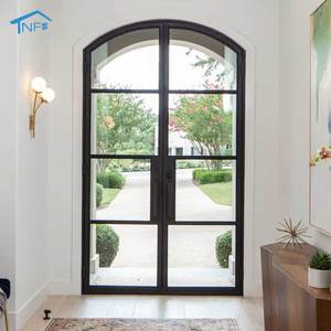 Arched Aluminum Frame Iron Design Entry Double Tempered Glass Exterior French Door Grill with Digital Lock