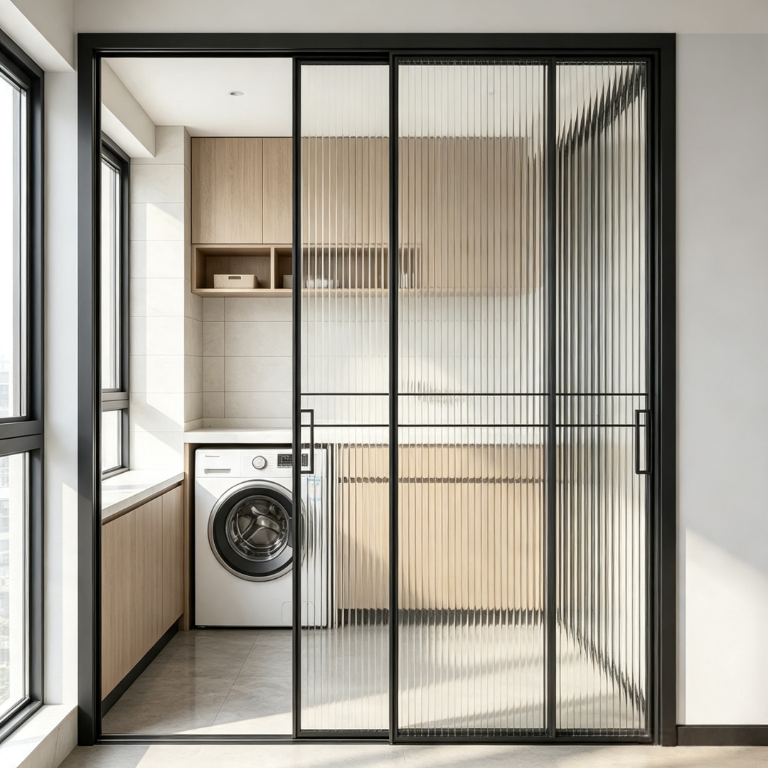 Factory Custom Three Linkage Sliding Door Aluminum Alloy Reeded Tempered Glass Indoor Partition Door For Kitchen Balcony Villa