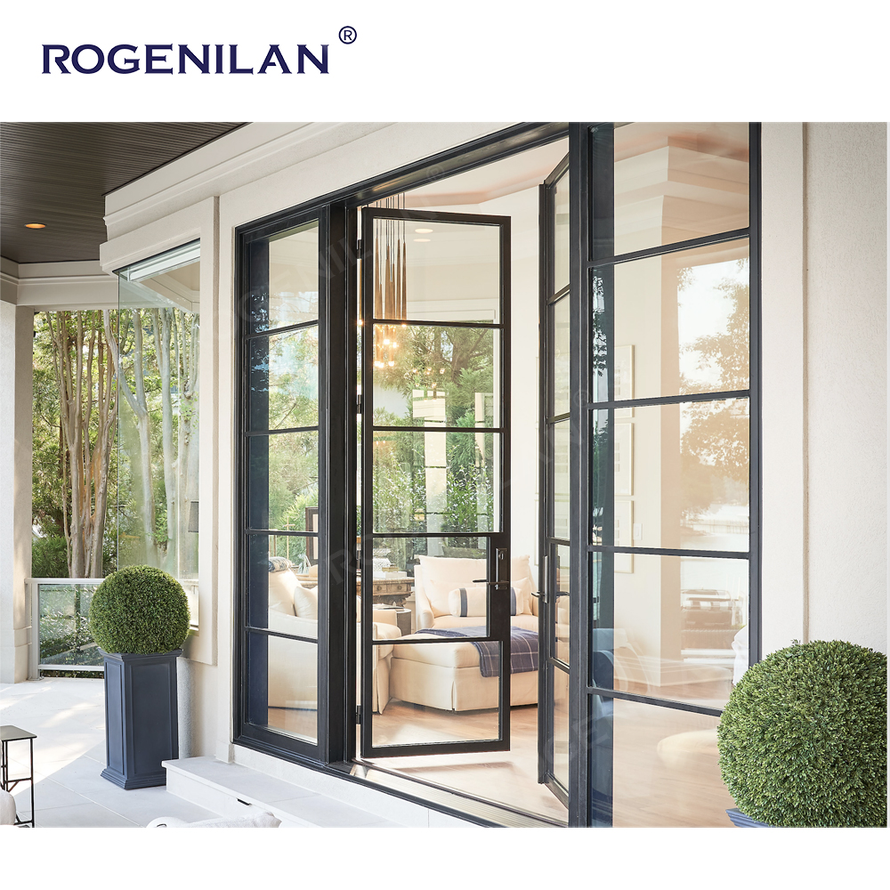 Rogenilan Custom Aluminum Crittal Double Door Waterproof Grill Vintage Tempered Glass Hinge Doors for House