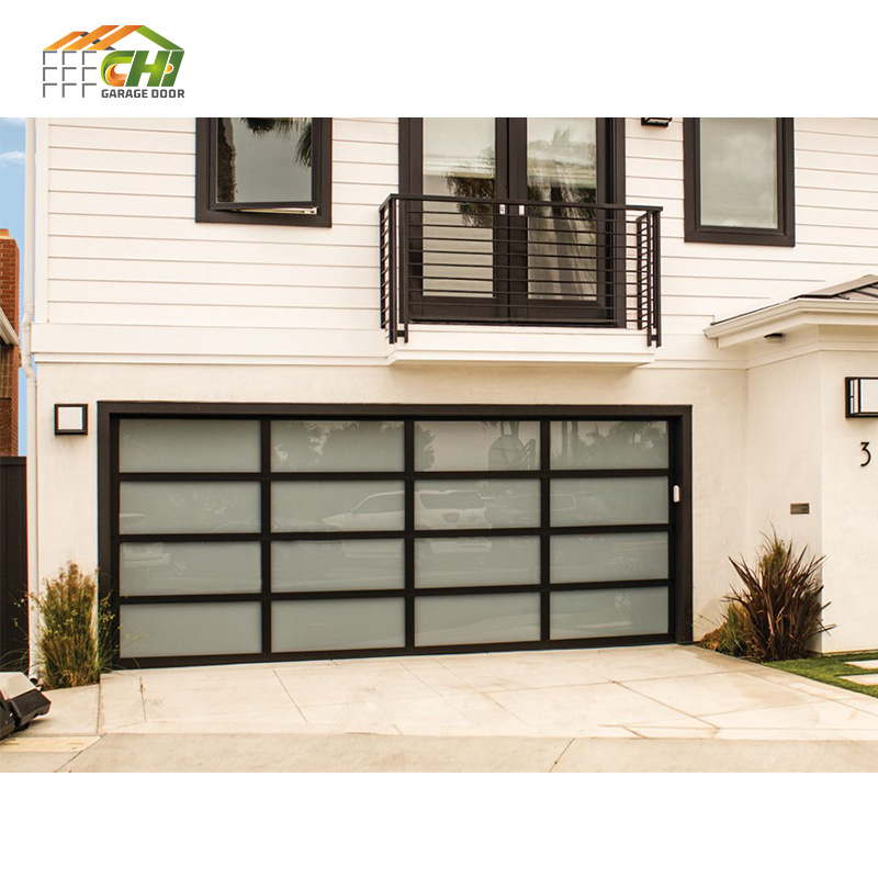 CHI Custom Size Residential Black Glass Aluminum Sectional Door Automatic Double Tempered Glass Garage Doors for Villa
