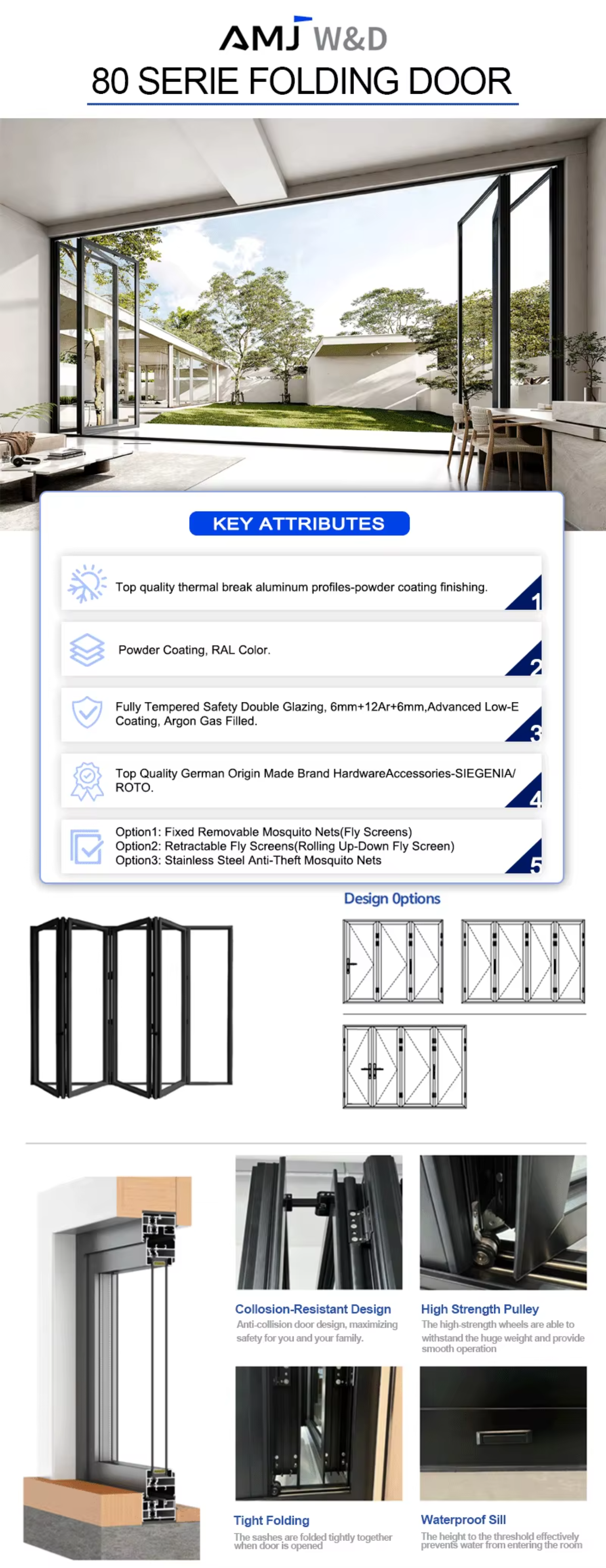 Custom Hotel Exterior Bifold Doors Foldable Waterproof Windproof Aluminum Folding Glass Patio Doors