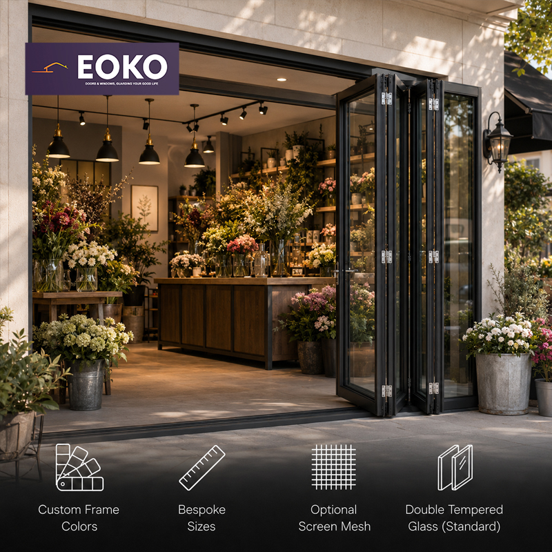EOKO EN 14351-1 Heavy Duty Hinge Aluminum Bi-Fold Door for Flower Shop Boutique Storefront Entry