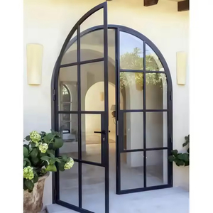 Modern Slim Frame Aluminum Alloy Glass Entry Door With French Swing Design For Villa Decoration Glass French Grille Arched Top