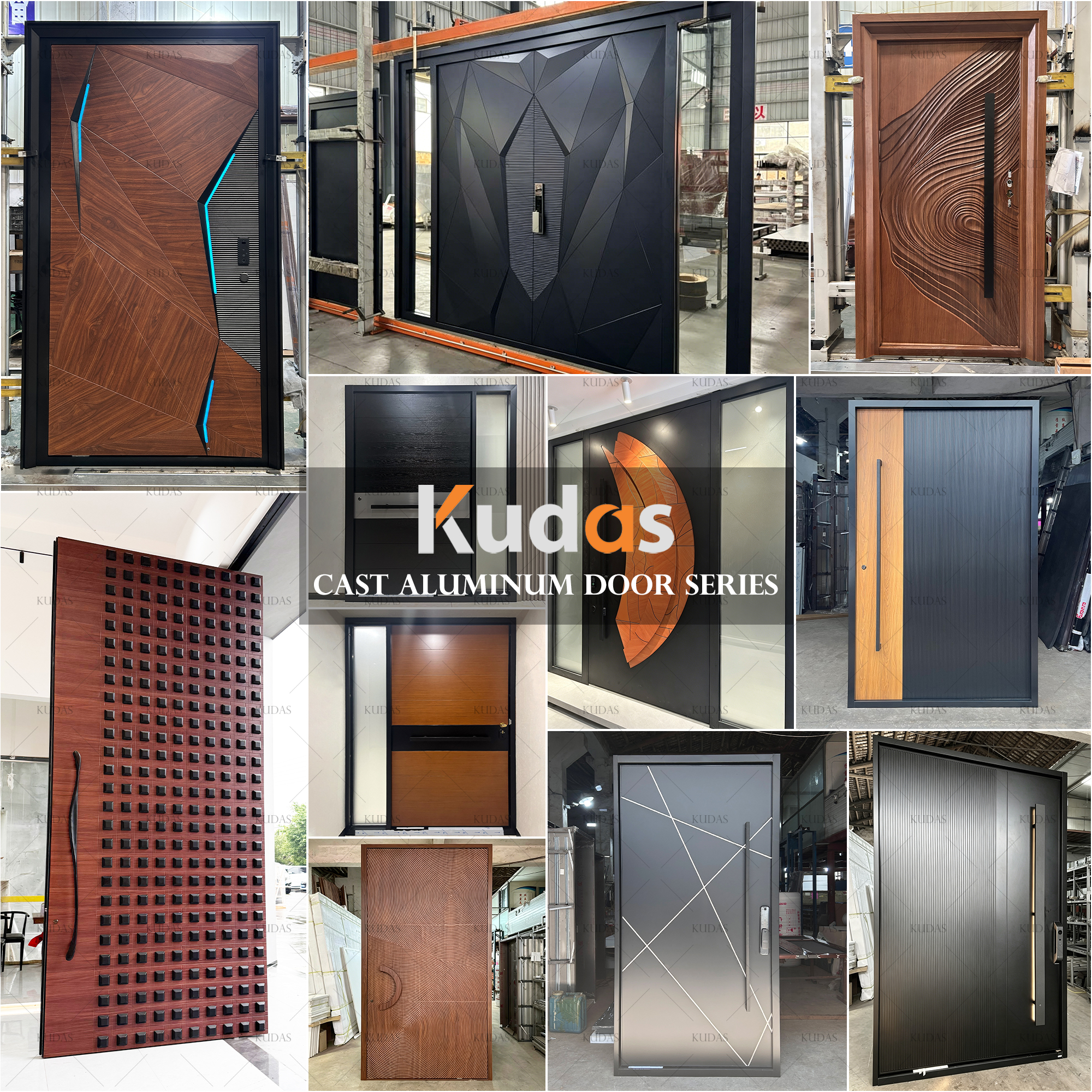 Luxury Extra Tall Vertical Fluted Walnut Cast Aluminum Front Entry Door Exterior Pivot Security Entrance Main Door for Villa