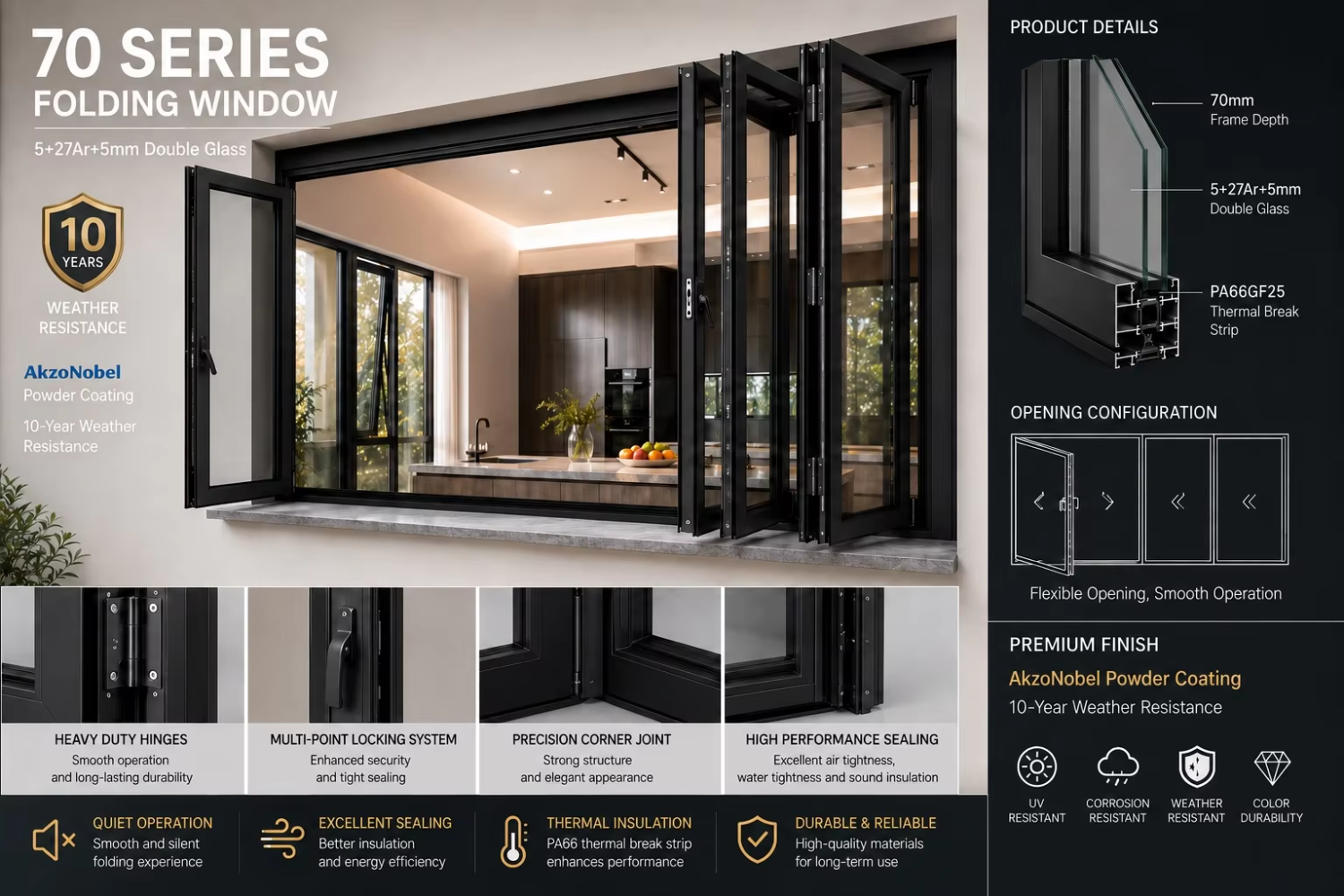 Thermal Break Modern Horizontal Aluminium Windows and Doors with 2.0mm Frame Multi Panel Folding for Kitchen Villa Patio Shop