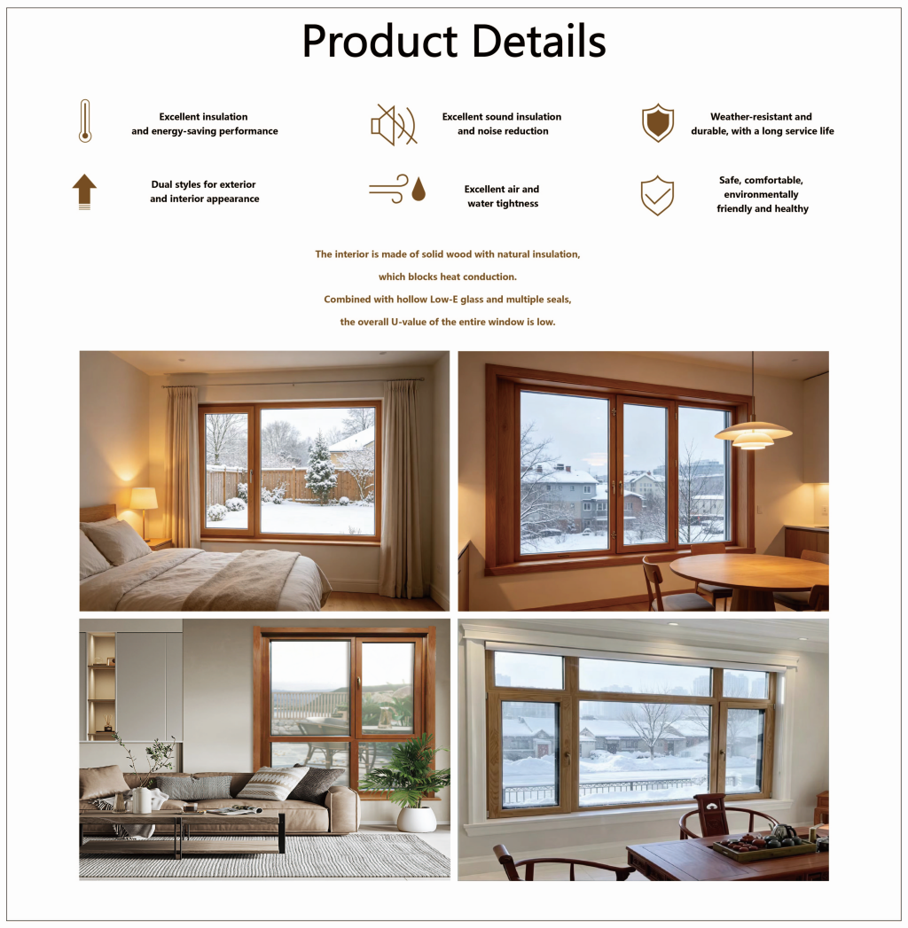 European High Energy Saving Triple Tempered Low-E Aluminum Wood Tilt Turn Windows Heat Insulation Waterproof Exterior Bedroom