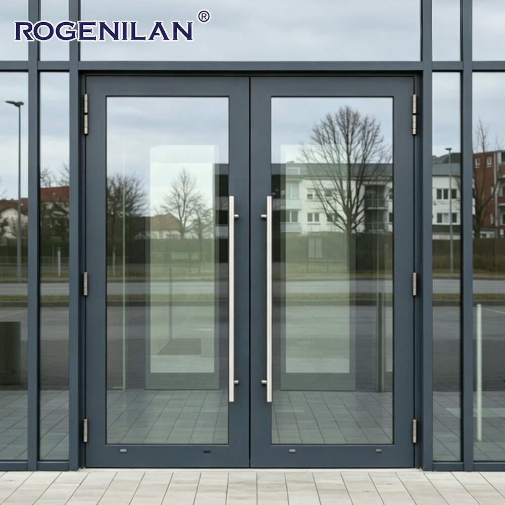 Rogenilan Custom Business Aluminum Security Entry Commercial Door Exterior Tempered Glass Double Swinging Doors