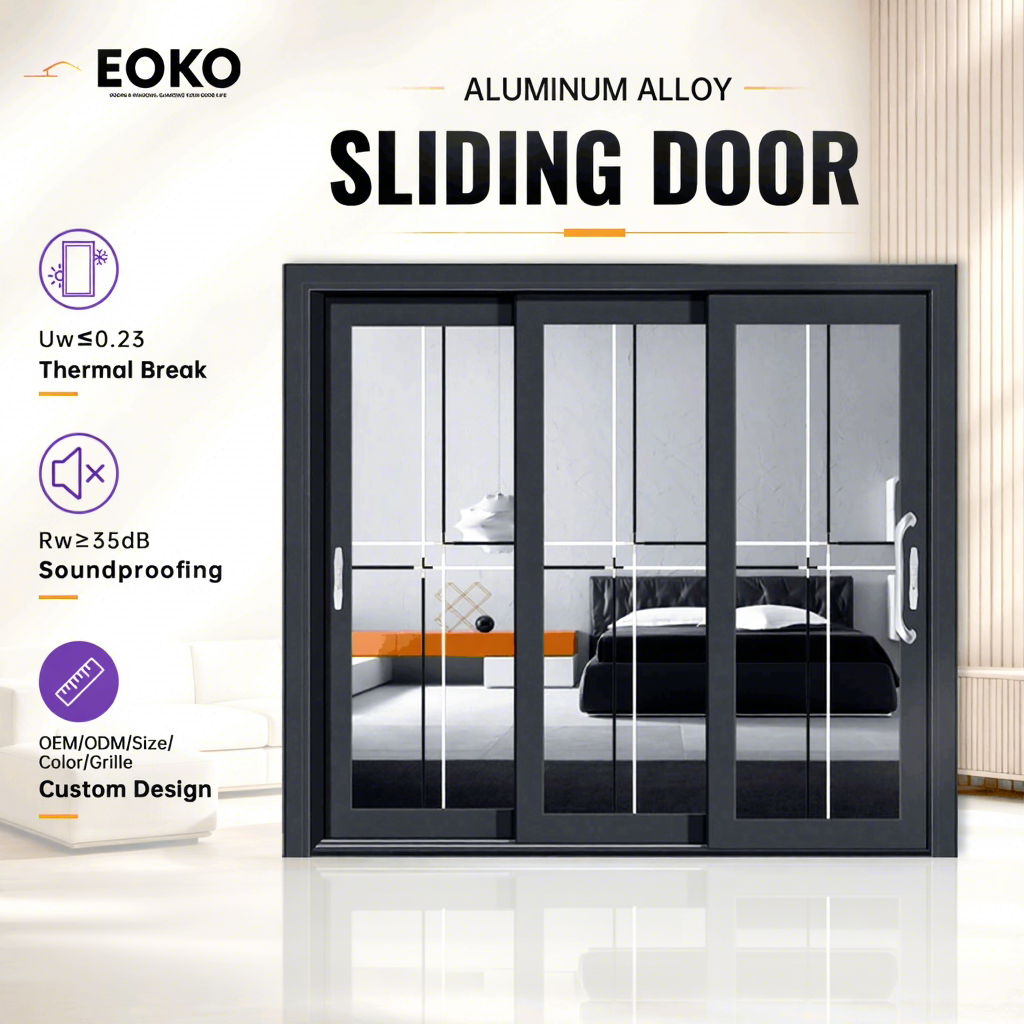 EOKO Thermal Break Aluminum Sliding Patio Door U-Value 1.2W/m&sup2;K Energy Efficient Glass Sliding Door with Screen for Balcony