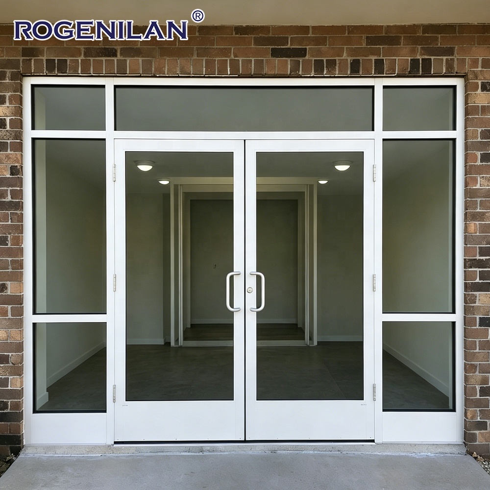 Rogenilan Custom Business Aluminum Security Entry Commercial Door Exterior Tempered Glass Double Swinging Doors
