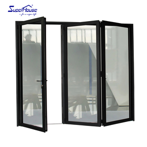 Commercial Hurricane Rated Aluminum Bifolding Door Horizontal Opening Double Glass Retractable Flyscreen for Shop Front Entrance