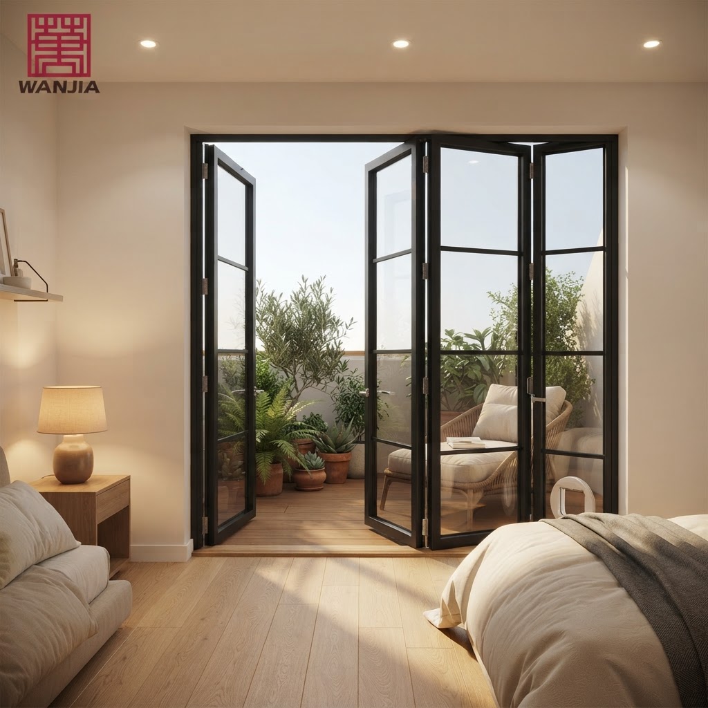 WANJIA Factory Built-in-Grid Design Aluminium Glass Bi-fold Doors Horizontal Accordion Folding Door