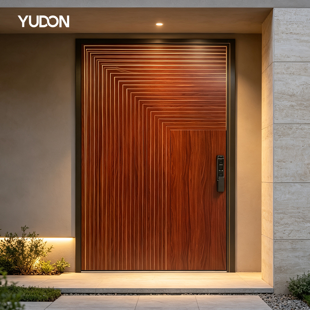 YUDON DOOR Hurricane Proof Pivot Door with Frame Entry Door Wood Grain Finish Aluminum Matte Brown Finish for Estate Entrance