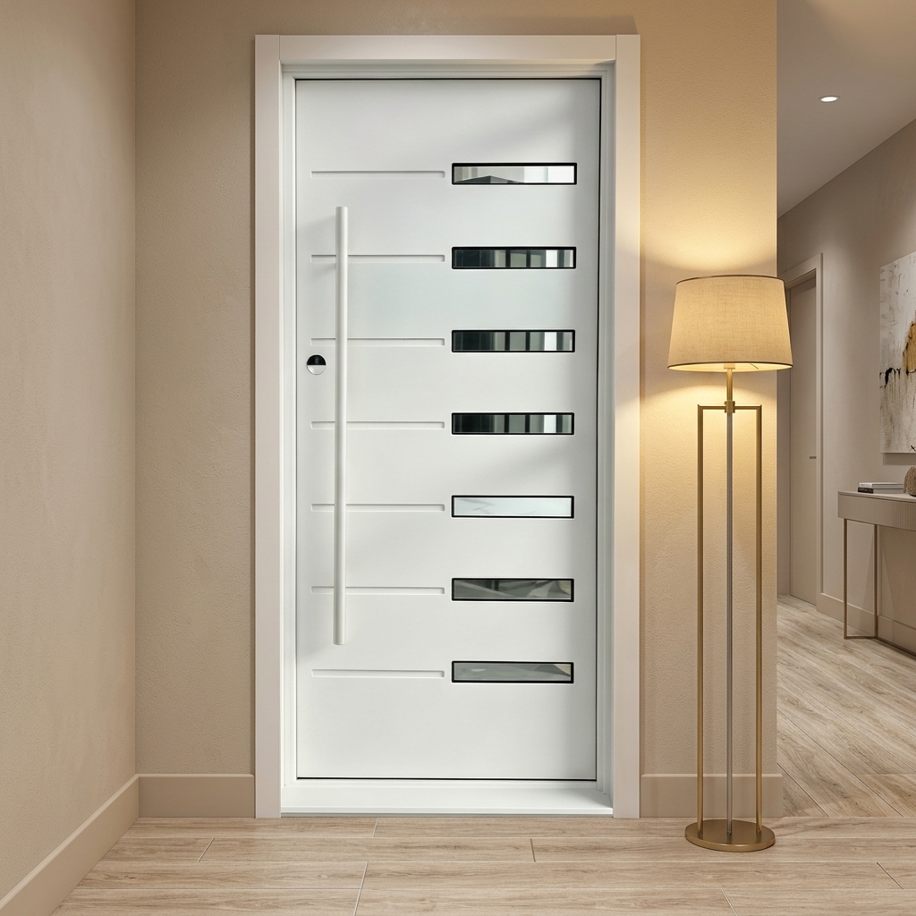 Modern Aluminum Door With Glass Inserts, Anti-Theft Security Exterior Door For Villa, Matte Grey Finish