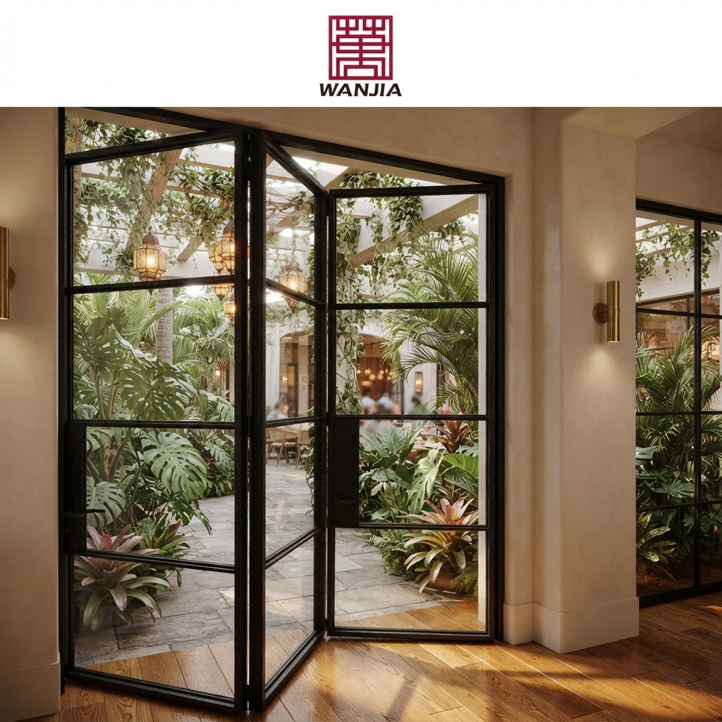 WANJIA Original Factory Double Glass Bifold Door CSA Certificated Partition Built-In Grill Design Aluminum Folding Doors