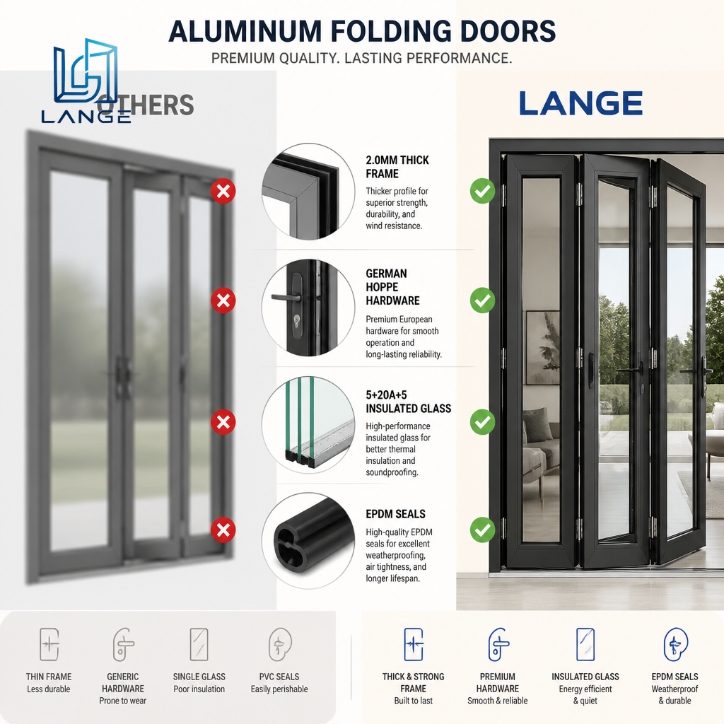 LANGE Aluminium Bifold Doors Slim Frame Full View Folding Glass Doors Windproof Energy Efficient for Villa