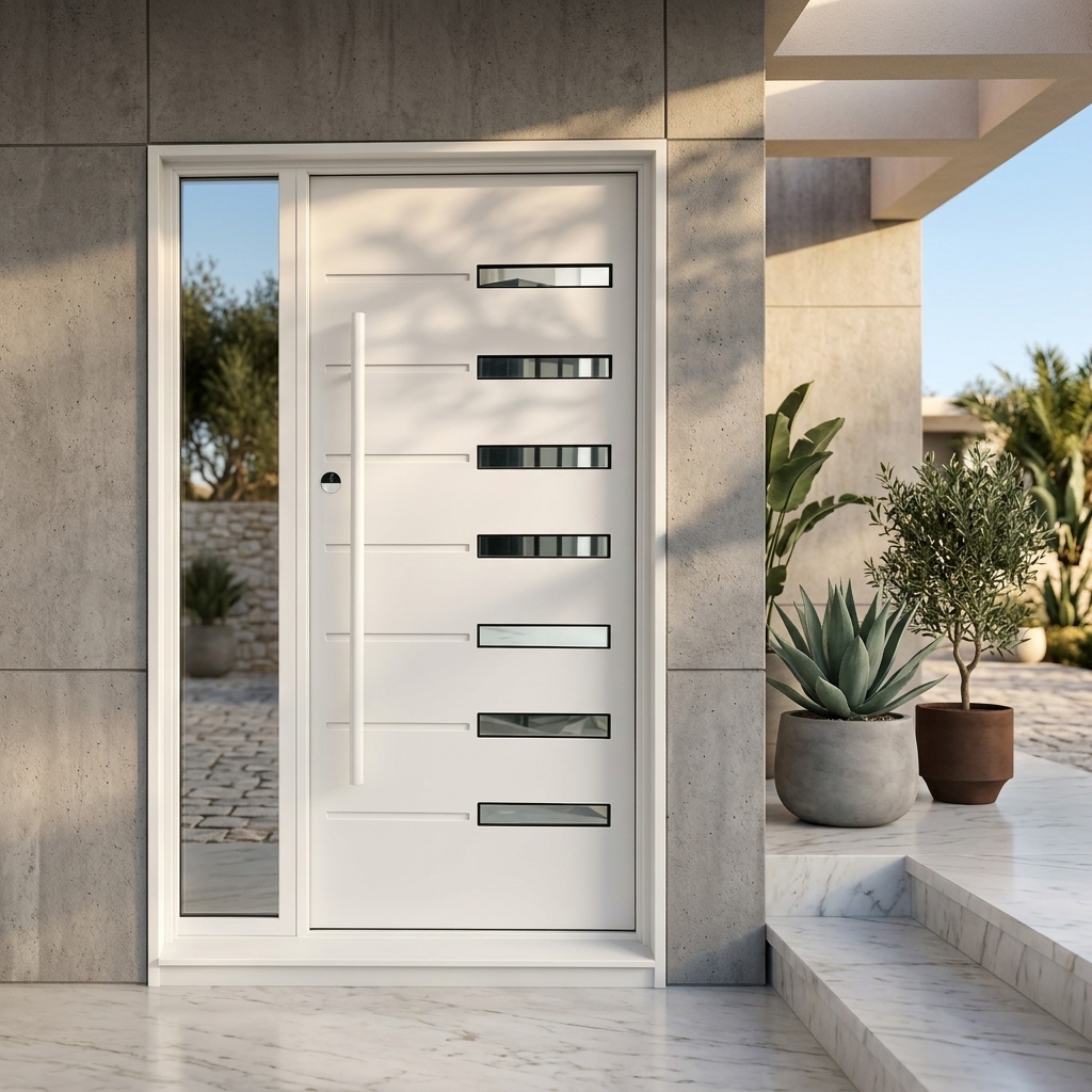 Modern Aluminum Door With Glass Inserts, Anti-Theft Security Exterior Door For Villa, Matte Grey Finish