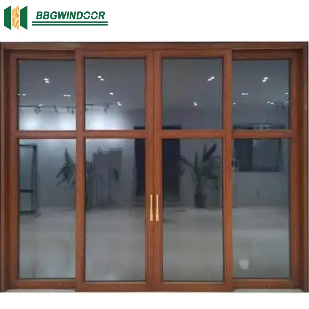 Lukliving Sliding Wooden French Doors Clad Aluminum Double Glaze Low-E Glass Energy-Saving Exterior Glass Doors for Courtyard