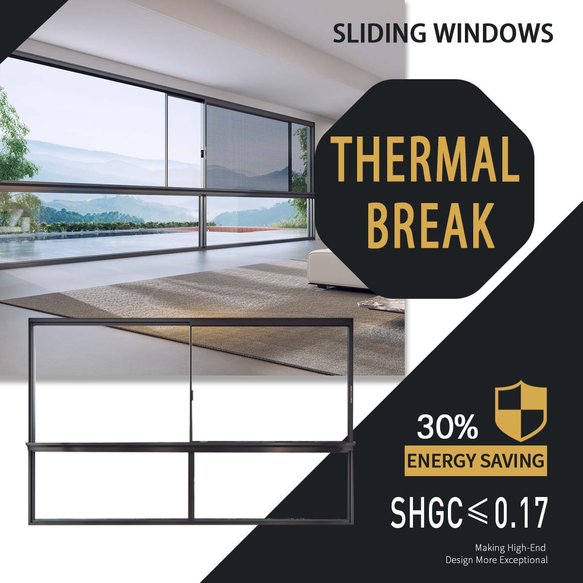 Wazzor Thermal Break Soundproof And Waterproof Single-Direction Pull Sliding Window Tempered Safety Glass Sliding Windows