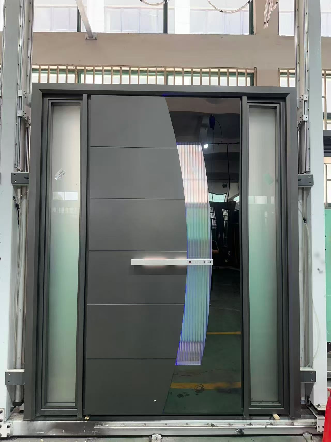 Modern Aluminum Door with Glass Inserts, Anti-Theft Security Exterior Door for Villa, Matte Grey Finish