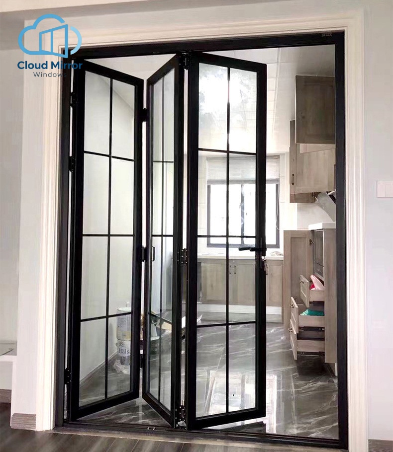 European Grid Aluminum Interior/Exterior Bi-Fold Door Modern Grille Glass Divider Door for Apartment Balcony Exterior Use