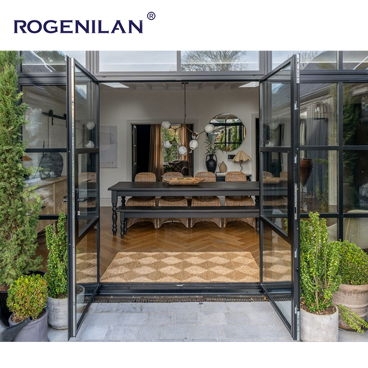 Rogenilan Custom Aluminum Crittal Double Door Waterproof Grill Vintage Tempered Glass Hinge Doors for House