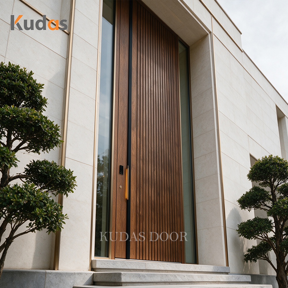 Luxury Extra Tall Vertical Fluted Walnut Cast Aluminum Front Entry Door Exterior Pivot Security Entrance Main Door for Villa